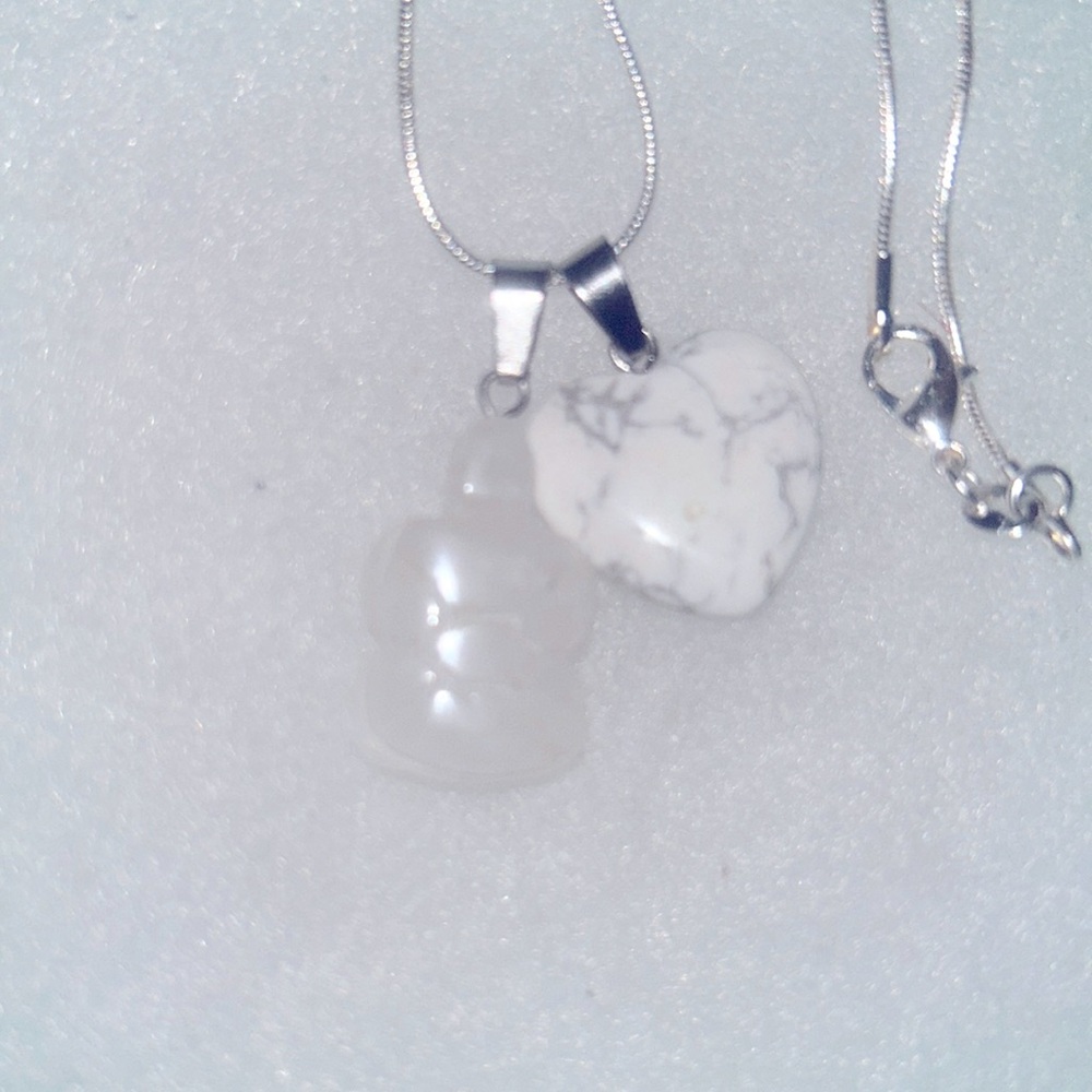 Howlite Heart ❤️ & Quartz Crystal turtle 🐢 sterling silver 16” necklace